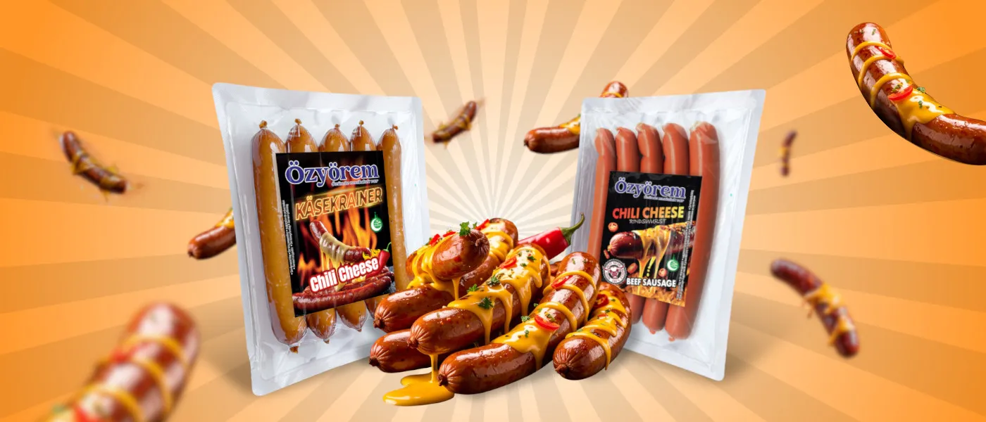 Zwei Verpackungen der Marke Özyörem mit den neuen Chili Cheese Würstchen vor einem orangen Hintergrund mit Strahlenmuster. Links die halalen „Käsekrainer Chili Cheese“ aus Hähnchenfleisch, rechts die halalen „Chili Cheese Rindswurst“ (Sigir Sosis). In der Mitte liegen gegrillte Würstchen, überzogen mit geschmolzenem Käse, garniert mit Chili und Kräutern. Im Hintergrund fliegen weitere grillierte Würstchen durchs Bild.