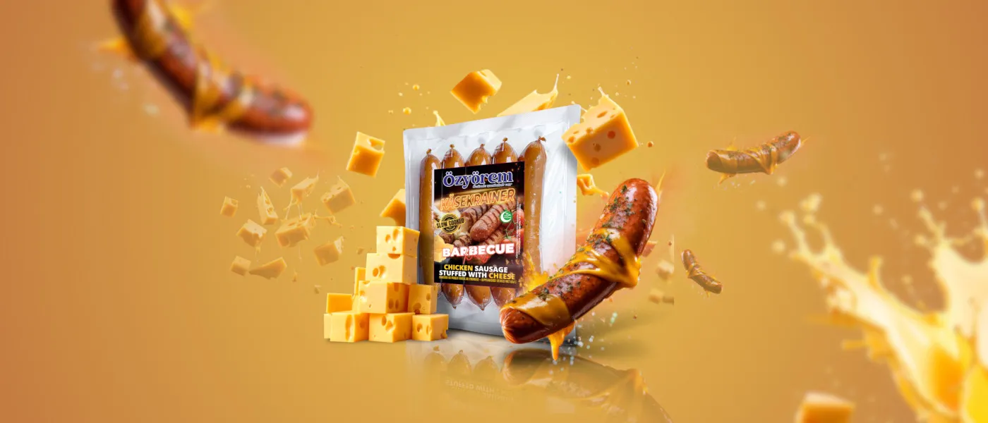 In der Mitte eine vakuumverpackte Packung mit fünf Hühnerwürstchen, gefüllt mit Käse. Umgeben von schwebenden Käsestücken, geschmolzenem Käse und aufgeschnittenen, gegrillten Würstchen vor einem goldgelben Hintergrund.