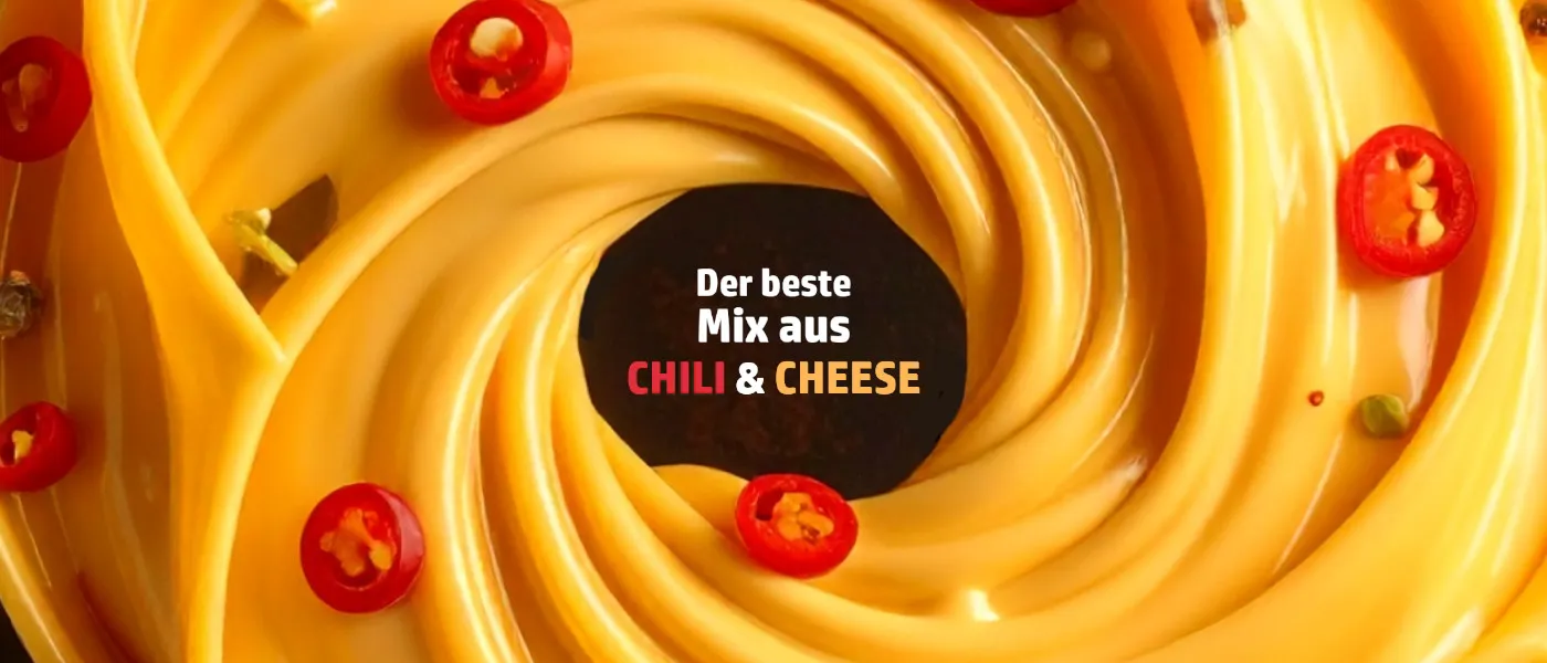 Ein Wirbel aus cremiger gelber Käsesoße, dekoriert mit roten Chili-Scheiben. In der Mitte steht der Text: 'Der beste Mix aus CHILI & CHEESE', wobei 'CHILI' in Rot und 'CHEESE' in Gelb hervorgehoben ist.